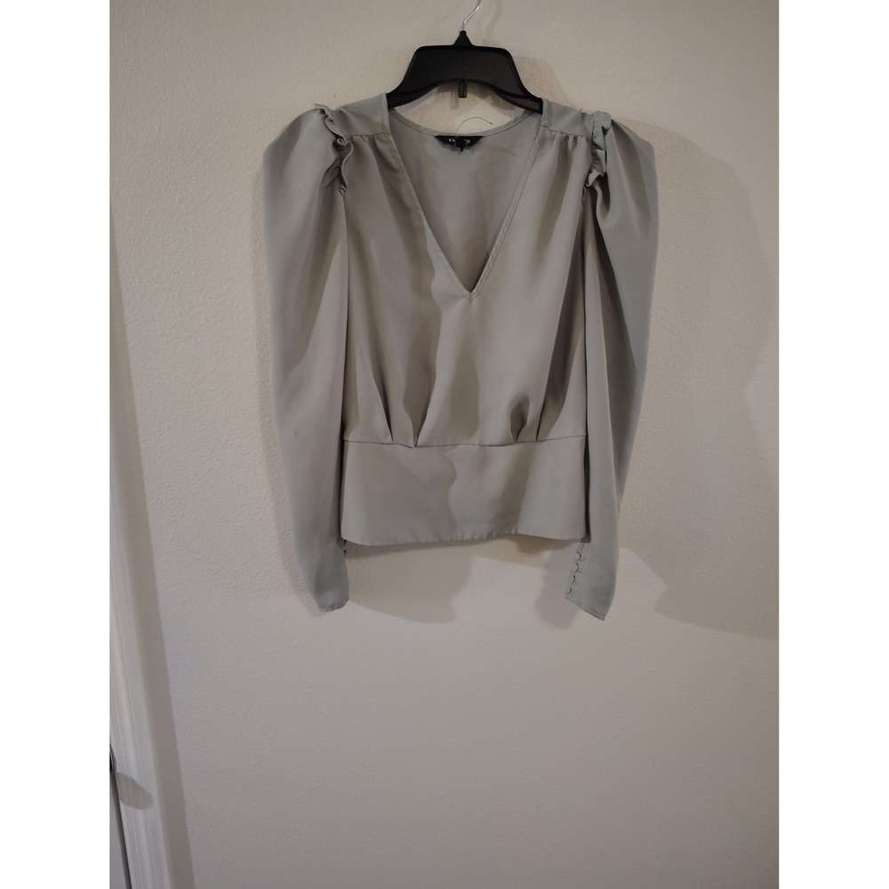 Express Sage Green Puff Sleeve V-Neck Blouse Smocked Back Ruffle Top Small